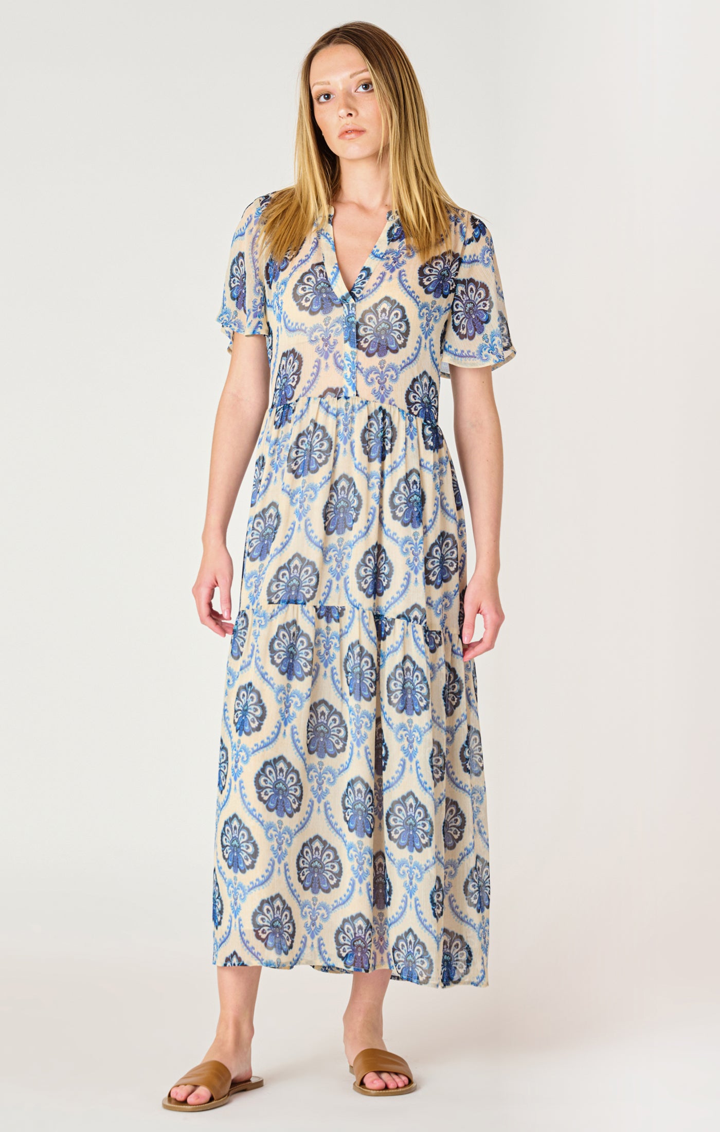 Dex Medallion Print S/S Flowy Midi Shirt Dress BLU S Dex Medallion Print S/S Flowy Midi Shirt Dress BLU S